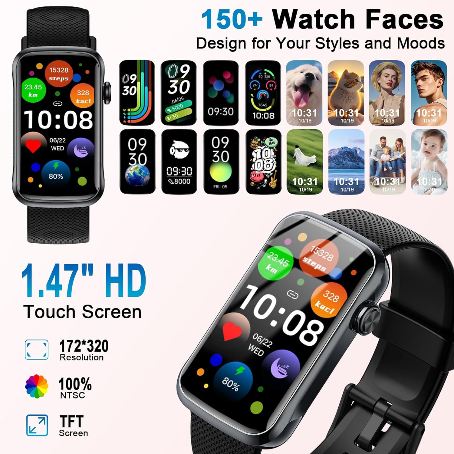 Smart Watch, 1.47" HD Smartwatch for Men Women with 24 Sport Modes, IP68 Waterproof Fitness Tracker with 24/7 Heart Rate/Sleep/SpO2 Monitor, Step Tracker, Pedometer, Activity Tracker for Android iOS - Image 2