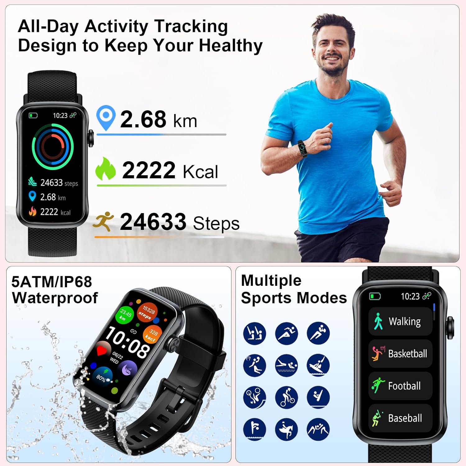 Smart Watch, 1.47" HD Smartwatch for Men Women with 24 Sport Modes, IP68 Waterproof Fitness Tracker with 24/7 Heart Rate/Sleep/SpO2 Monitor, Step Tracker, Pedometer, Activity Tracker for Android iOS - Image 3