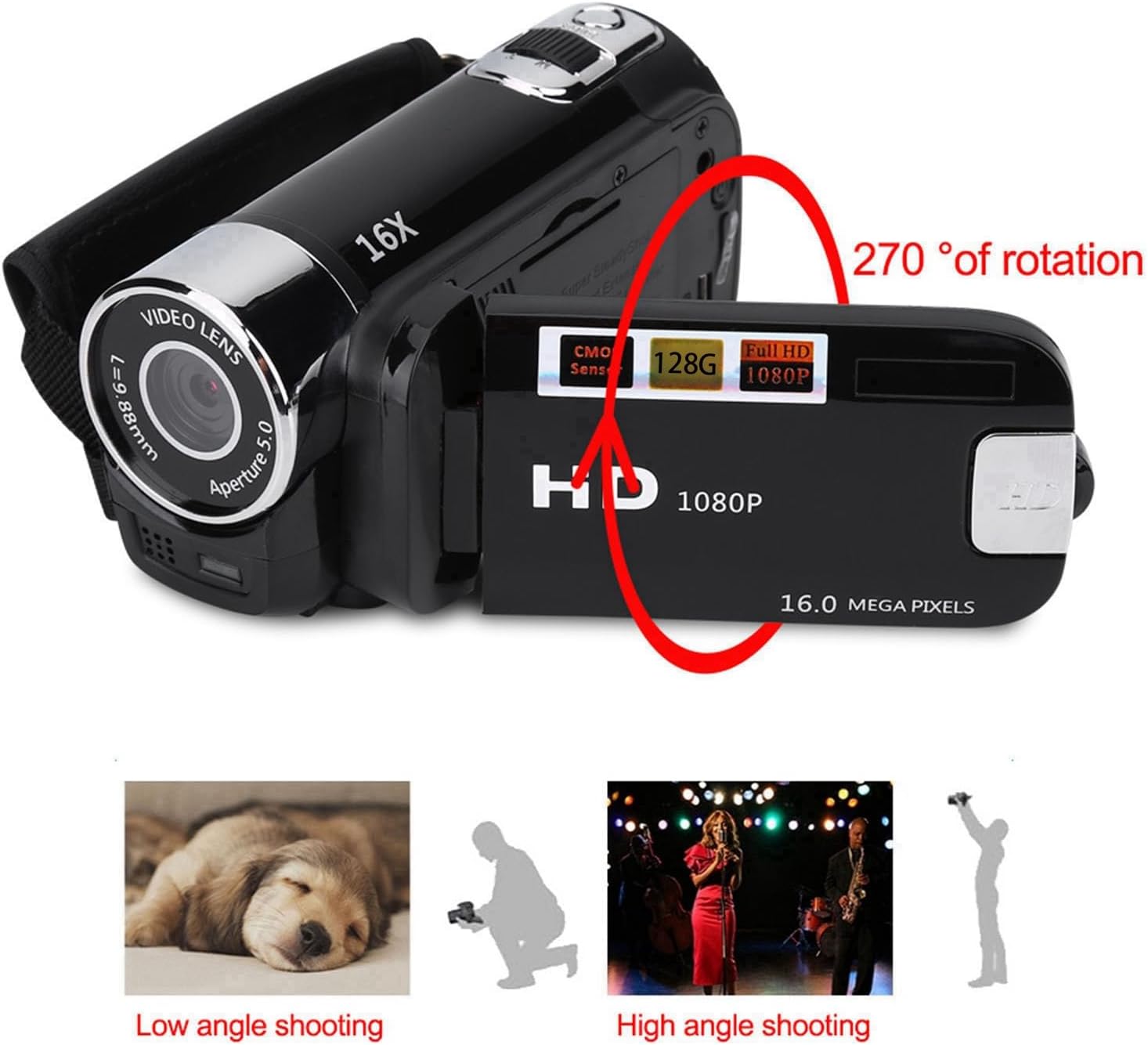 Video Camera Camcorder, Full HD Digital Camera Recorder 2.4inch Screen 270 Degree Rotation LCD 16X Zoom Camcorder Camera, Portable Video DV Camera with Battery for Student Teenager Beginner(US Black) - Image 3